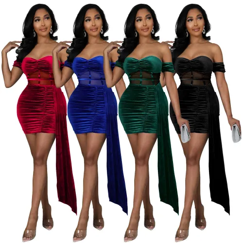Velvet Off Shoulder Mesh Patchwork Ruched Mini Bodycon Dress