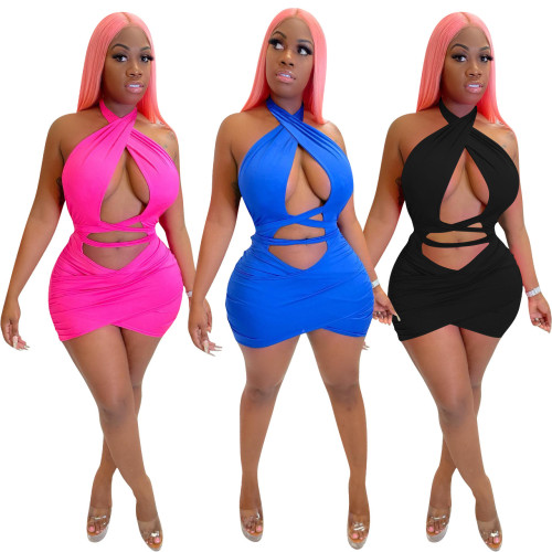 Bandage Halter Neck Hollow Out Bodycon Mini Dress