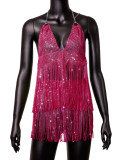 Tassel Rhinestone Party Two Piece Skirt Set Backless Halter Top and Skirt