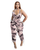 Camo Sexy V-Neck Cami Top and Pocket Pants Casual Two Piece Set