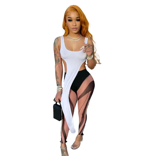 Women White Sleeveless Long V-Shaped Sexy Top