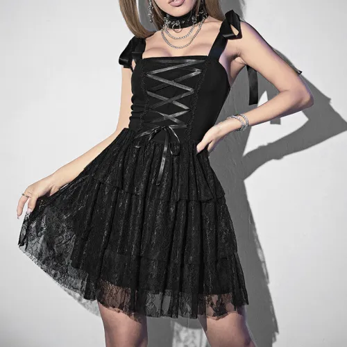Women Lace Up Solid Black Gothic Sexy Straps Mesh Dress