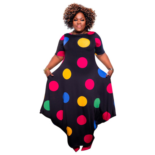 Plus Size Short Sleeve Dot Print Loose Maxi Dress