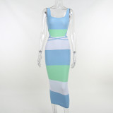 Striped Square Neck Backlesss Sleeveless Knit Long Dress