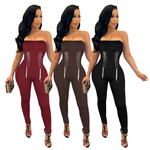 Fashion Sexy Metal Chain Lace Up Strapless Ribbed Jumpsuit