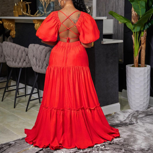 Plus Size V-Neck Solid Color Open Back Maxi Dress