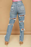 Trendy Blue Ripped Holes Wide Leg Loose Jeans