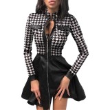 Wholesale Long Sleeve Zip Up PU Leather and Mesh Patchwork Skater Dress