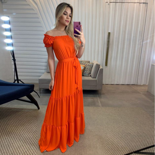 Orange Off Shoulder Tie Waist Maxi Dress