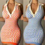 Wavy Stripes Kintted Halter Sleeveless Mini Dress