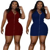 Plus Size Solid Color Zip Up Sleeveless Bodycon Dress