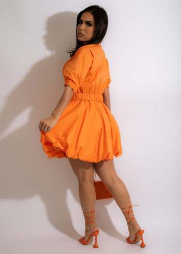 Stand Collar Short Sleeve Bubble Mini Dress with Belt