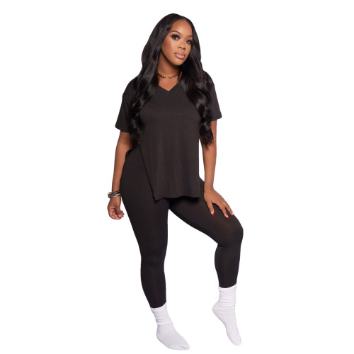 Short Sleeve V-Neck Slit Top and Tight Pants 2PCS Set