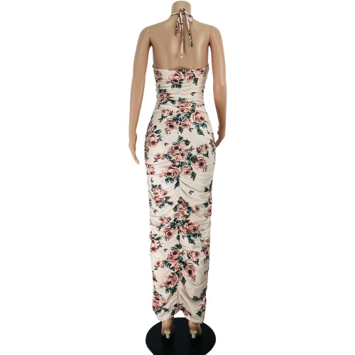 Cut Out Floral Print Drawstring Ruched Halter Maxi Dress