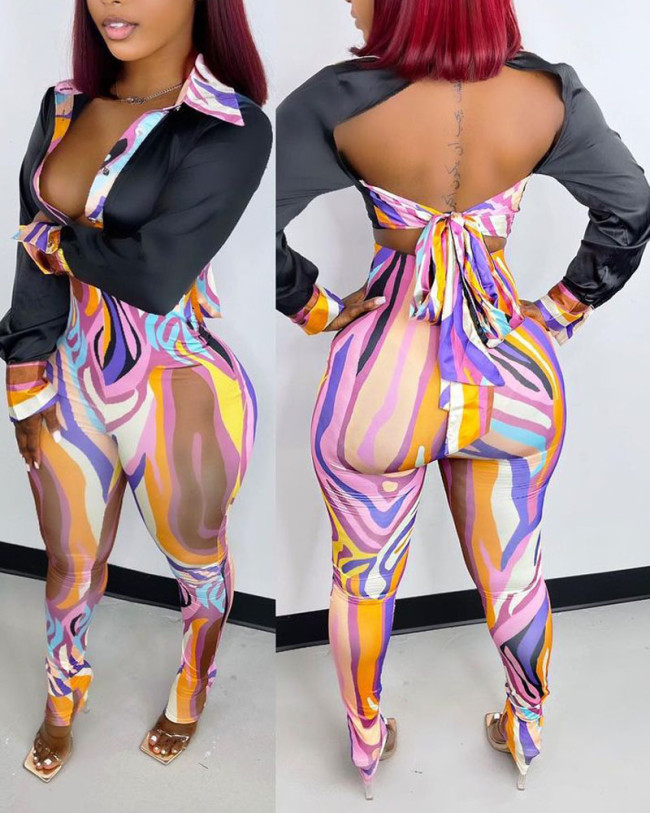 Sexy Open Back Top and High Waist Leggings Satin Print Two Piece Set