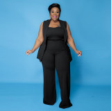 Plus Size Crop Top with Sleeveless Turndown Collar Blazer and Wide Pants 3 pcs Set