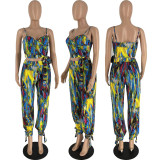 Sexy Colorful Print Crop Top and Pants Leisure Two Pieces