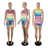 Stripe Rainbow Color Sleeveless Tank and Shorts 2PCS Set