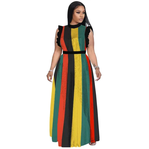 Women Ruffles Striped Sleeveless See Through Mesh Maxi Dress