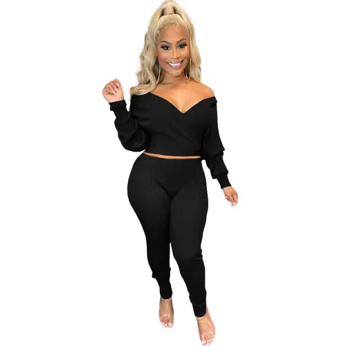 Plain Color Ribbed V-Neck Crop Top and High Waist Pants Long Sleeve Two-Piece Set