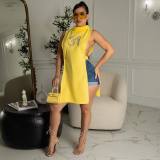 Fashion Embroidered Number Slit Sides Turtleneck Long Top