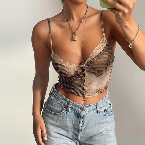 Print Mesh V-Neck Lace Patched Cami Crop Top