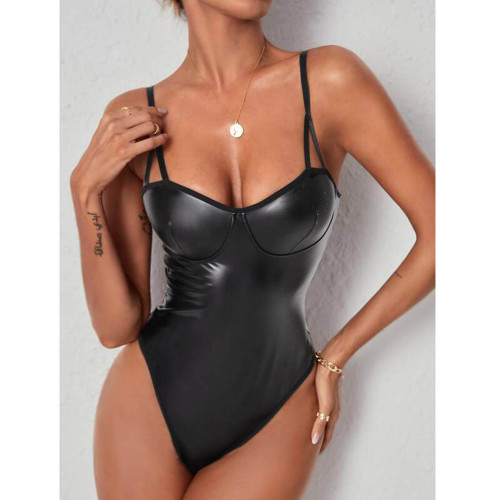 Sexy Ladies Black One Piece PU Leather Lingerie