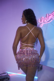 Pink Sequin Bra Top and Tassel Skirt NightclubTwo Piece Set