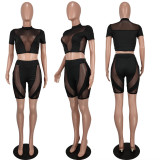 Black Mesh Patchwork Short Sleeves Crop Top and Shorts 2PCS Set