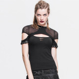 Mesh Patchwork Black Cut Out Studded Short Sleeve Top