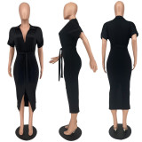 Women Plunge Neck Short Sleeve Slit Front Midi Dress