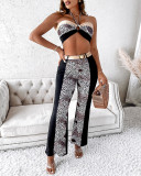 Sexy Leopard Contrast Halter Crop Top and Pants Two Piece Set