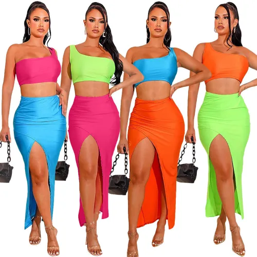 Two Tone One Shoulder Crop Top and Long Skirt Sexy Two Piece Set