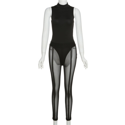 Black Sexy Mesh High Waist Leggings and Sleeveless Bodysuit 2PCS Set