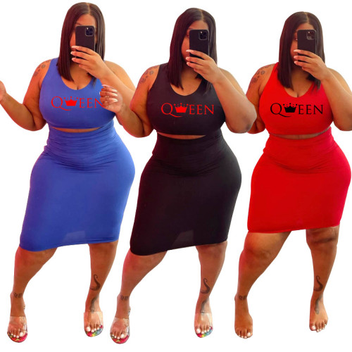 Plus Size Female Letter Print Casual Bodycon Two Piece Skirt Set