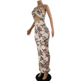 Cut Out Floral Print Drawstring Ruched Halter Maxi Dress