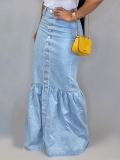Lt-Blue Button Up Long Denim Fishtail Skirt