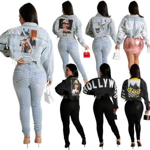 Print Drop Shoulder Long Sleeves Distressed Denim Coat