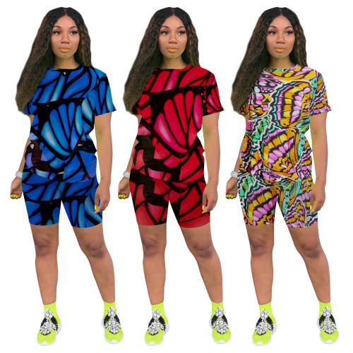Wholesale Butterfly Print Casual Sports Two Piece Shorts Set