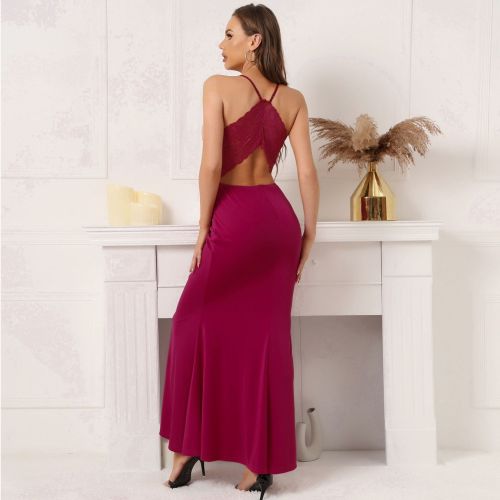 Silk Lace Patchwork Backless Cami Long Dress