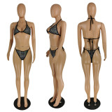 Shiny Cami Halter Bikini and Mesh Crop Top with Pant 4PCS Swimsuit
