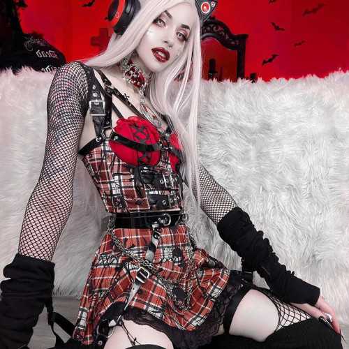 Gothic Sexy Plaid Top and Mini Skirt Two Piece Set