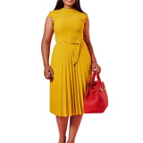 Plus Size Short Sleeve Pleated Mid Dress with Belt