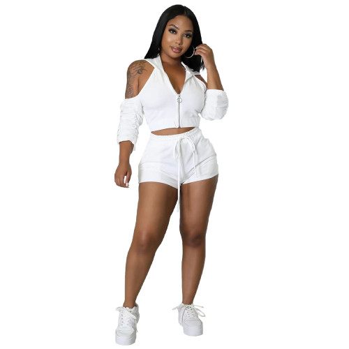 Zip 3/4 Sleeve Hoody Crop Top and Drawstring Shorts 2PCS Set