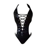 Erotic PU Leather Black One-piece Lace Up Hollow Bodysuit Lingerie