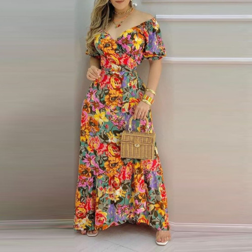 Floral Print V-Neck Short Sleeve Side Slit Long Dress