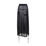 Gothic Sexy See Through Mesh Lace Up Slit Long Skirt