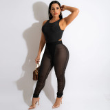 Wholesale Summer Solid Bodysuit and Mesh See Through Pant Two Piece Set