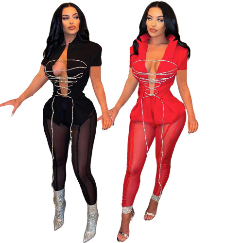 Lace Up Short Sleeves Top and Mesh Pants 2PCS Set