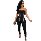 Fashion Sexy Metal Chain Lace Up Strapless Ribbed Jumpsuit